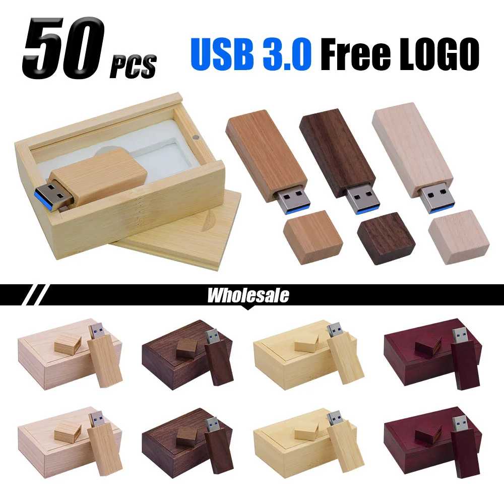 50pcs/lot Wooden USB Pendrive Usb 3.0 Flash Drive 8GB 16GB 32GB 64GB 128GB Memory Stick Wedding Gift Pen Drive(Free Custom Logo)