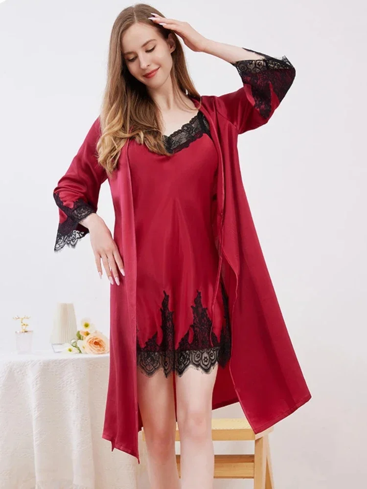 French Style Sexy Silk Nightgown and Kimono Robe Set Women Lace Trim Kimono Bathrobe with Chemise 100% Mulberry Silk Pajamas PJS