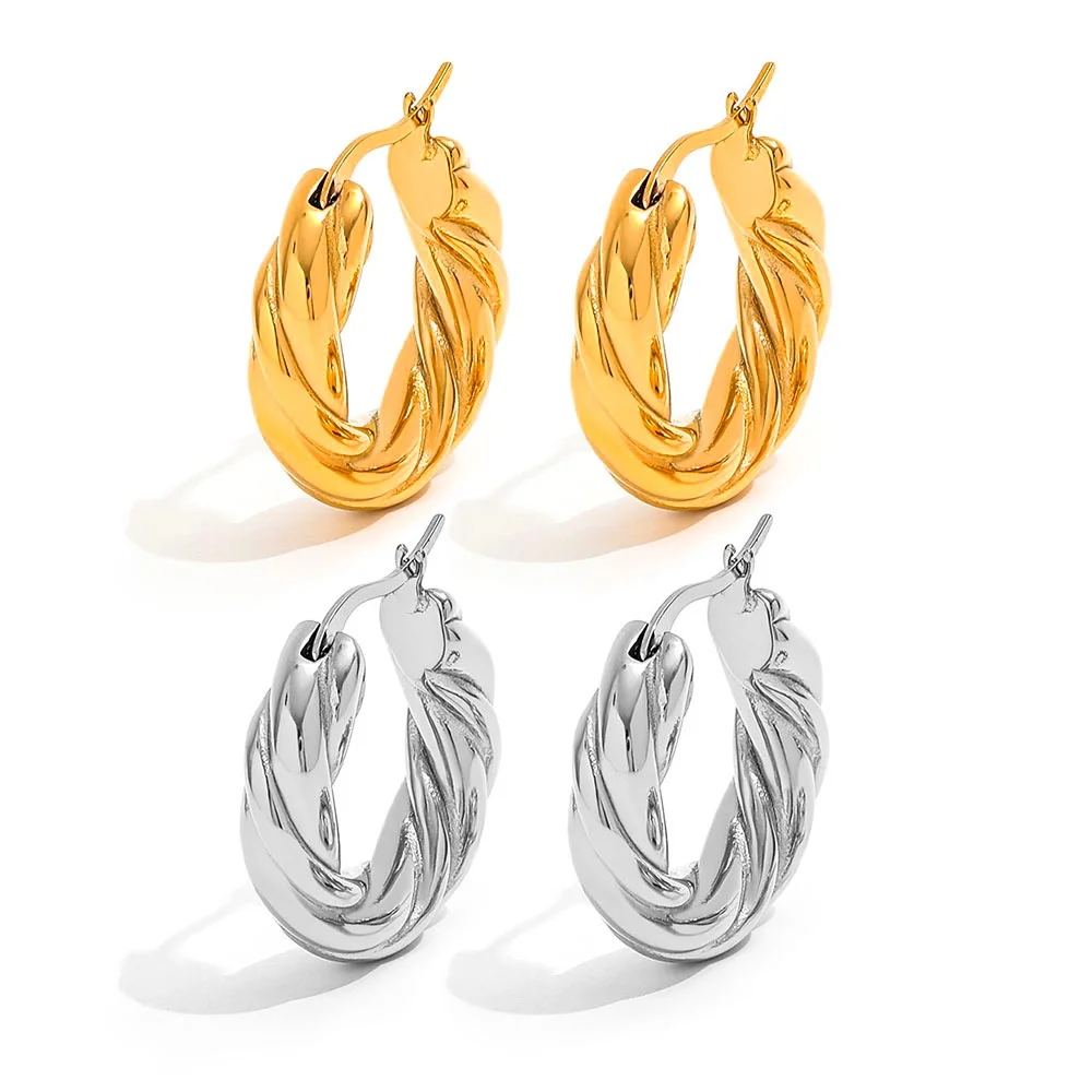 

Joolim Jewelry High Quality PVD Wholesale Waterproof Fashion Chunky Twisted Versatile Hoop Stainless Steel Earring for Women