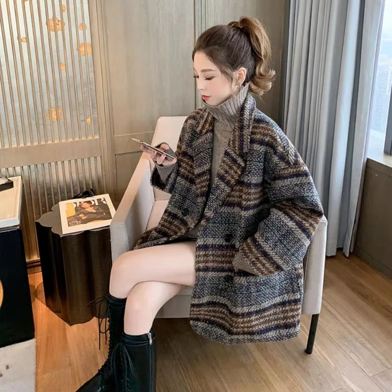 Ackets Women's Long Sleeve Lapel Short Blazer Korean Fashion Loose Woolen Fabric Spring Autumn New Collection