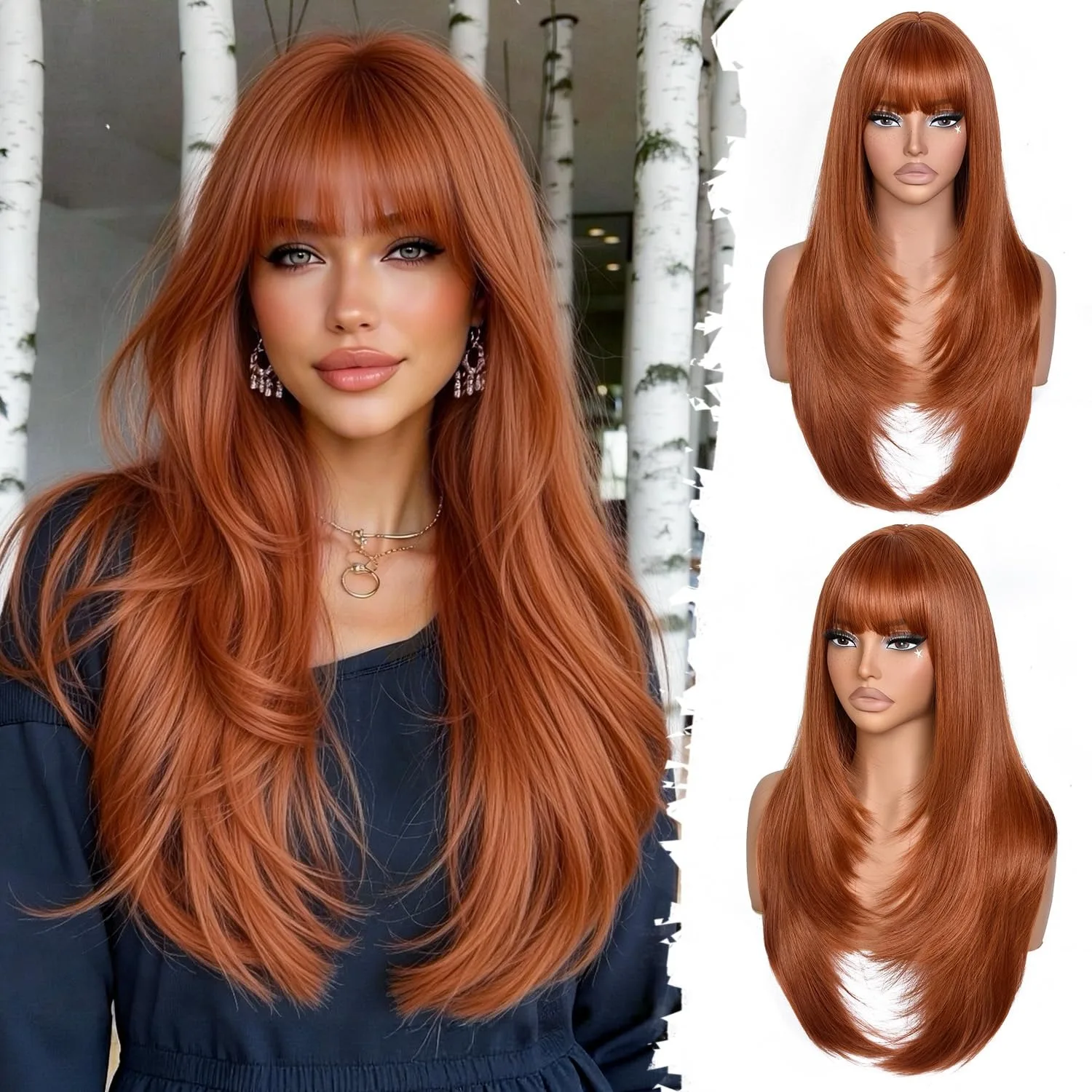 

Ginger Orange Straight Layered Lace Front Wig With Bangs 13x4 HD Lace Glueless Synthetic High Quality Clearance Daily Cosplay