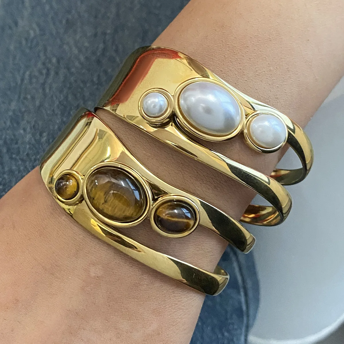 

Stainless Steel Hollowed Bangles with Natural Stone or Pearl, Unique Design Opening Bracelet