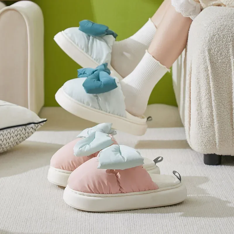 Winter Cute Children's Bow Tie Warm Plush Slippers Soft Sole Non-slip woman Indoor Home Heel Wrap Cotton Shoes