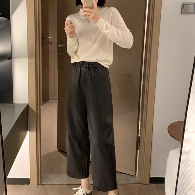 Leather Pants Women Plant Tanned Sheepskin Straight Wide-Leg Trousers Female Elastic Waist Slim Casual Banana Pants Sickle Pants