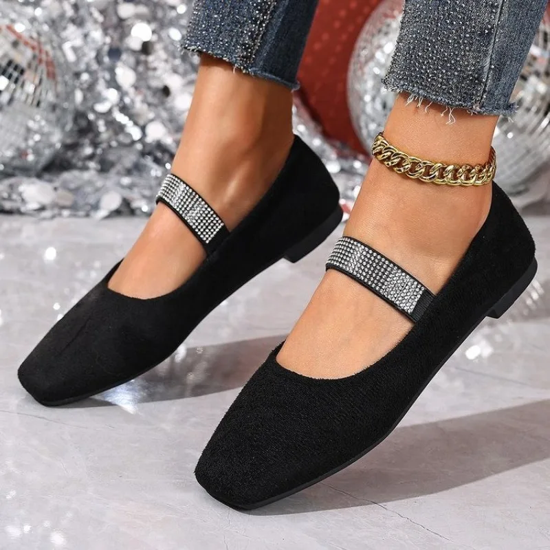 Luxury Rhinestone Strap Casual Women's Flats and Loafers Fashion Simple Square Toe Elegant Women Shoes Zapatos De Mujer