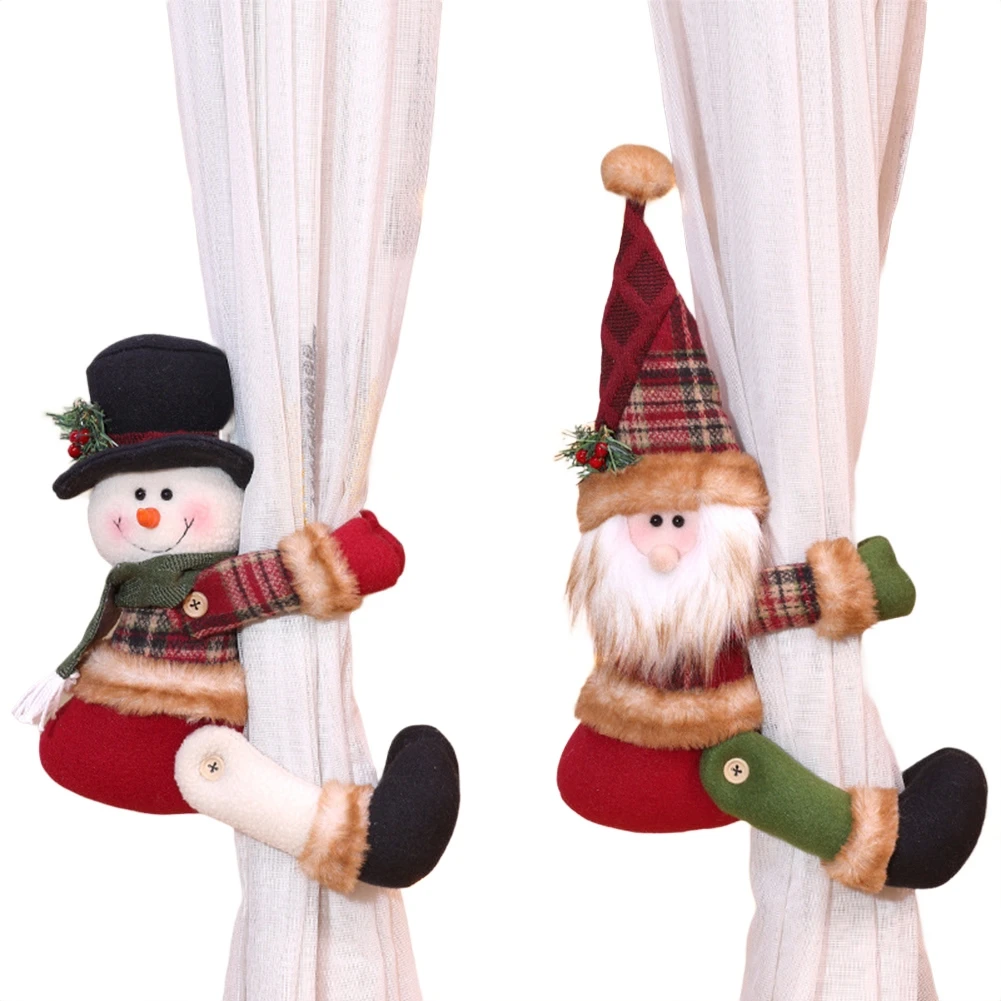 

2 Pcs Santa & Snowman Curtain Tiebacks 15inch Window Decor! Christmas Festive Party DIY Decorations Drop Ornaments Winter