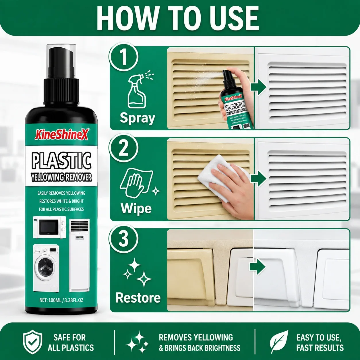 Kunststoff-Gelbentferner-Spray, 100 ml, schnelle Wiederherstellung für Klimaanlagen, Toiletten, Geräte und Kleiderschränke, entfernt gelbe Flecken – Detail 4