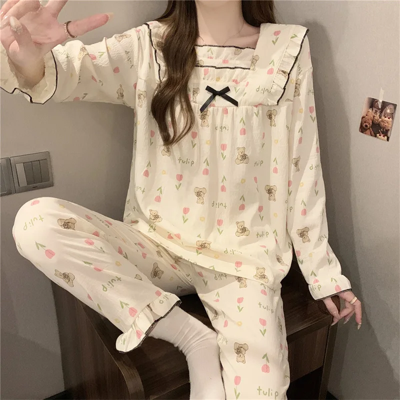 

New Spring and Fall Cloudy Cotton Long-Sleeved Pajamas Homewear Set Sweet Princess Wind Teenage Students Loose Loose Homewear Se