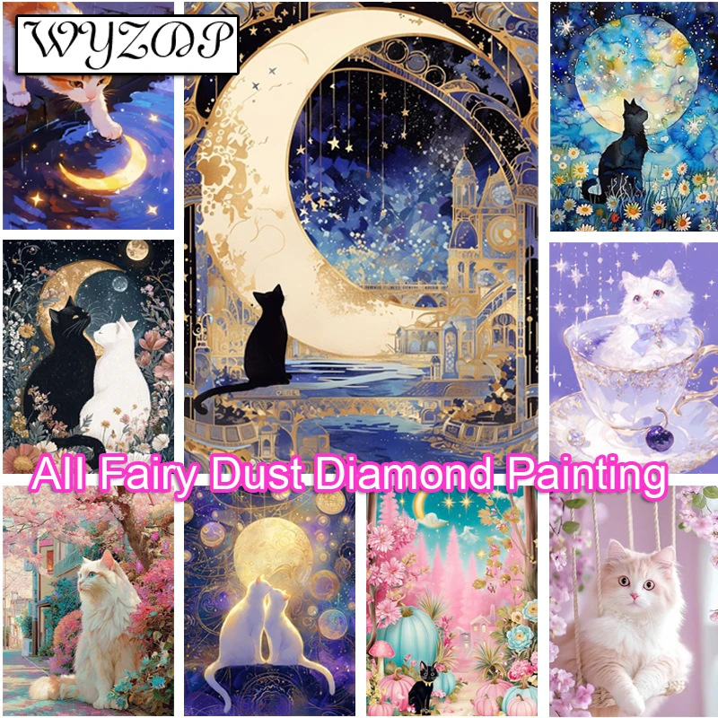 

WYZDP 100% сказочная пыль, алмазная живопись, кошка, луна, квадратная алмазная вышивка, животное, настенная художественная вышивка, алмазное искусство, полный кристаллический декор