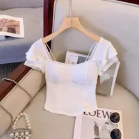 Korean Sle Versatile Design Square Collar ort Sve T-irt ow Body ape Ele Small Flng Sve Belly up Top - Image 3