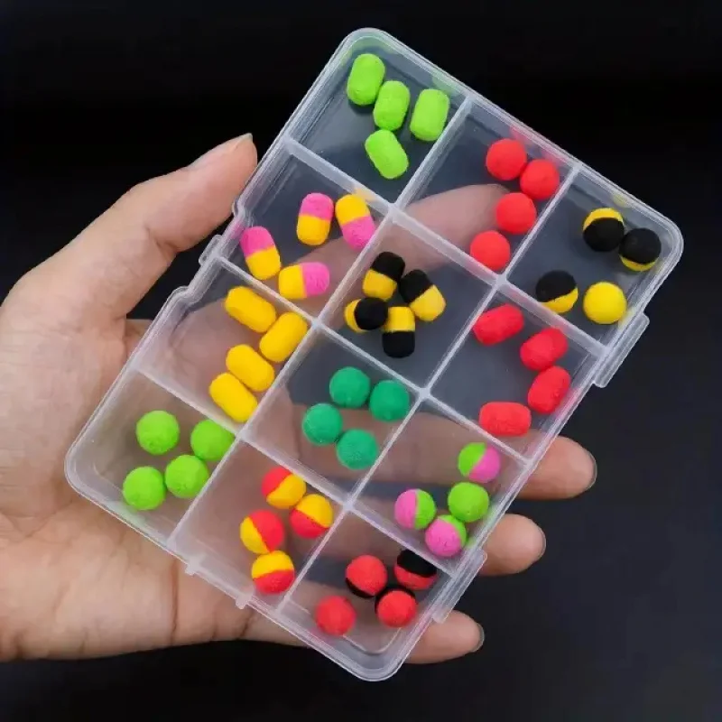 Box of Random 48pcs of Cylindrical and Round Foam Boilies for Carp Fishing, Including Pop-Ups, Soft Bait, Zig Rigs, Hair Rigs