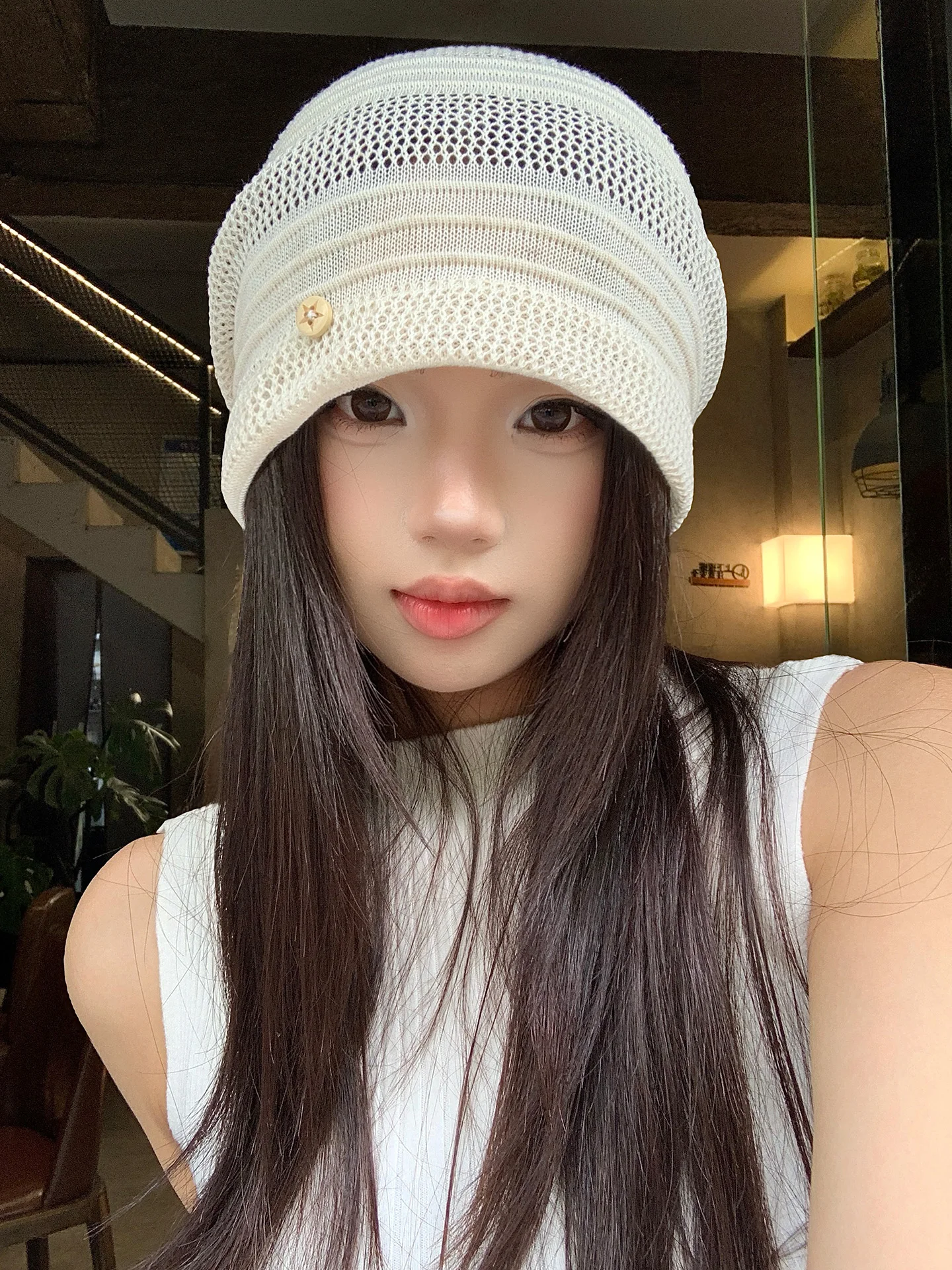 Retro Japanese Artistic Style Hollow out Button Stack Hat Women's Summer Lightweight Breathable Cold Hat Face Slimming Bag He...