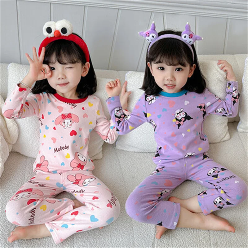 New Cute Sanrioed Children Thermal Underwear Autumn Pants Anime Kuromi My Melody Kids Home Clothes Pajamas Girls Sleepwear Gift