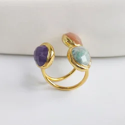 FUWO 1Pc Trendy Women Natural Gems Stone Cuff Ring, Elegant Carved Crystal Jewelry Fit Female Wedding Party RG023