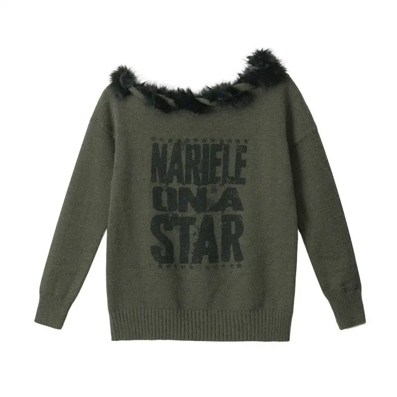 HeyHenry American Retro Spicy Girl Maglione monospalla Donna Autunno Colletto obliquo Stampa in pelliccia Maglia irt Vestibilità ampia Mediu...