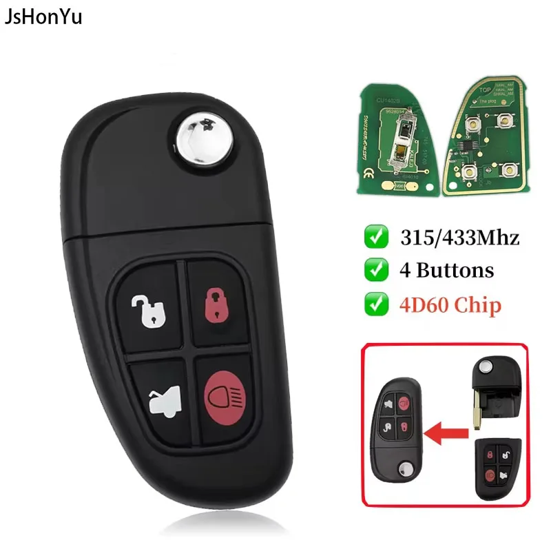 

JsHonYu 315/433MHz 4D60 Chip Remote Key for Jaguar X-Type S-Type 1999-2009 XJ XJR XJ8 XK 2002-2008 4 Button Flip Uncut Blade