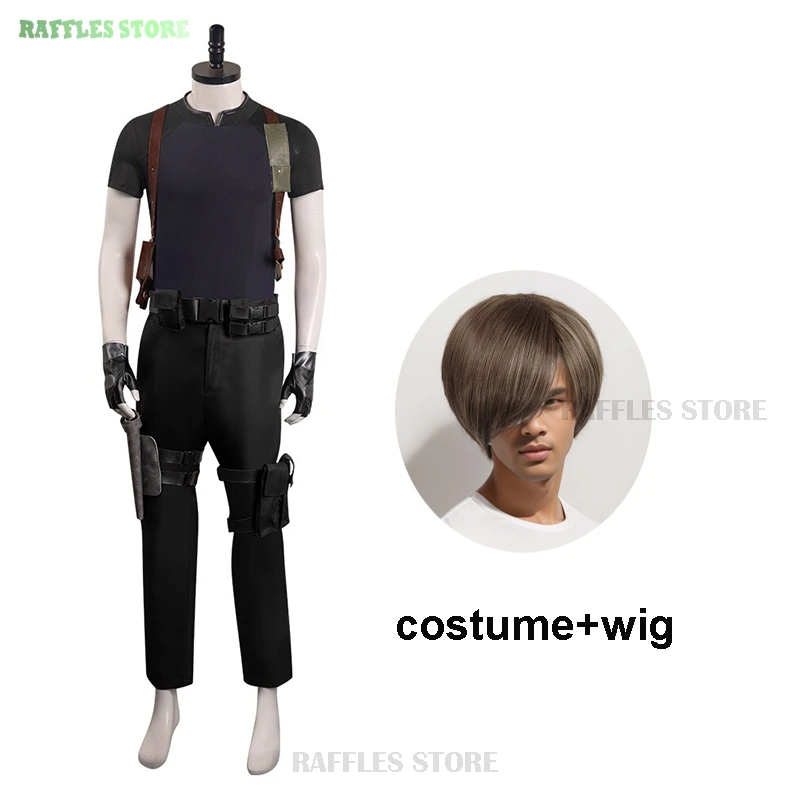 Resident 4 Remake Leon Kennedy Cosplay Costume Wig Fight Uniforms Biohazard Evil Cosplay Disguise Adult Men Halloween Carnaval