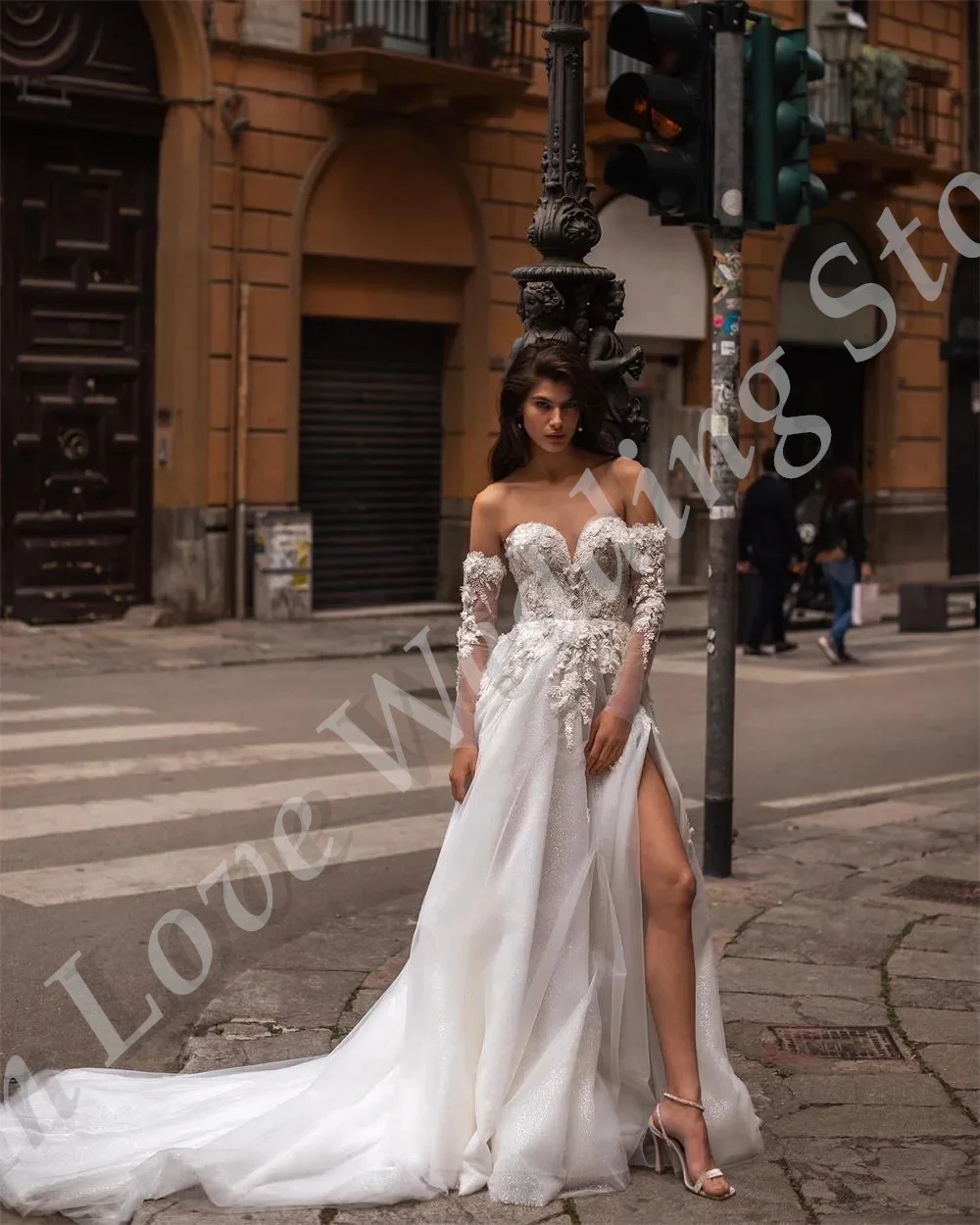 Vestido de novia de manga larga desmontable con cuello de novia, traje de novia con apliques de flores y cuentas, línea A, tul, 2024