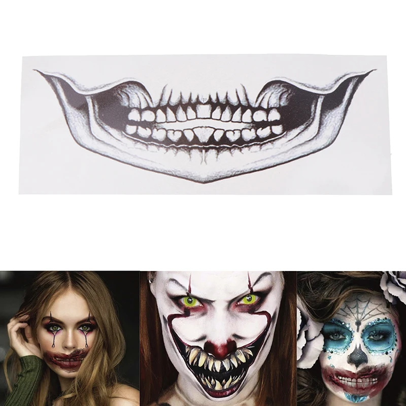 Temporary Tattoos Halloween Makeup 1 Sheets Horror Clown Mouth Stickers Halloween Face Body Makeup Waterproof Realistic Scar