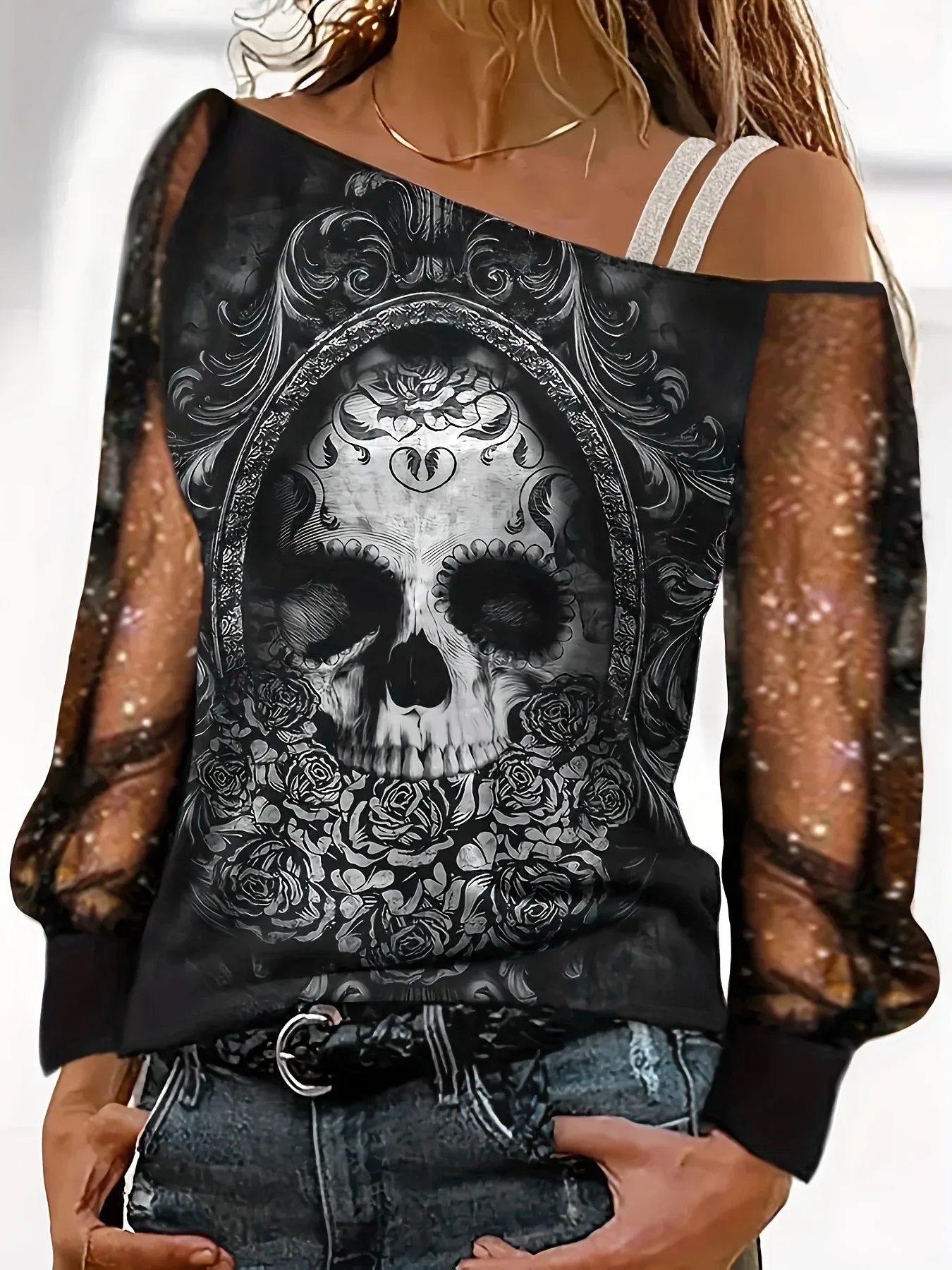Casual Skew Collar One Shoulder T-Shirt Women Perspective Shining Long Sleeved Tops Skull Solid Color Street Pullover
