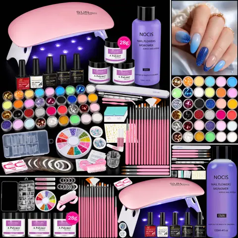 Professional Nail Art Design Kit, Salon Supplies Set with UV Lamp, Acrylic Liquid Powder & Gel Polishes, 36 Glitters, Sequins, Stickers, Striping Tape, 15 Brushes, Nail Tech Wholesale, Student Gift