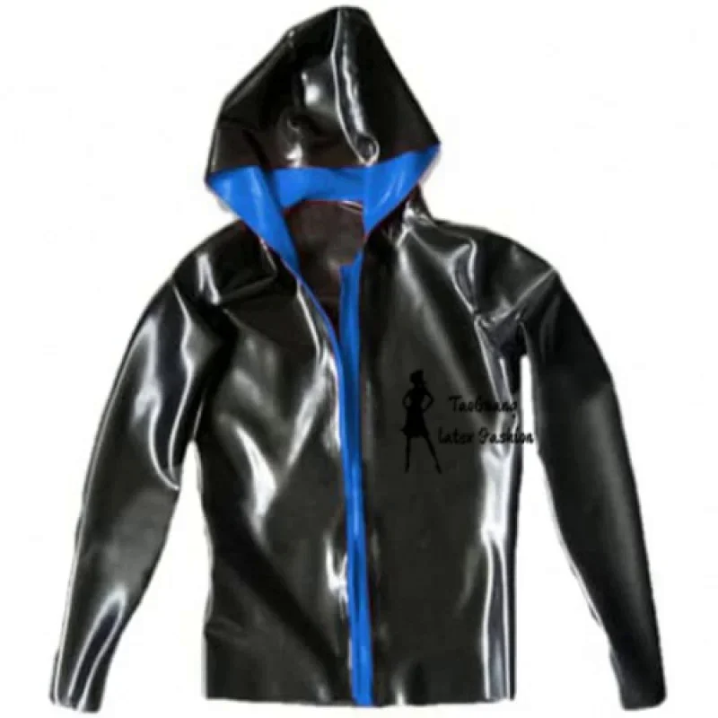 

Latex Rubber 100% Tops Hoodie Jacket Navy Blue with Black Man