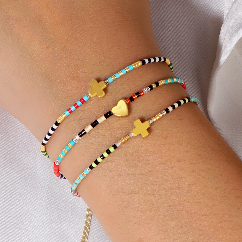 سوار مطرز بسيط بطراز بوهيمي للنساء ، حبة بذور ميوكي ، حبات الأرز ، صليب ، سحر القلب ، طقم مجوهرات ، Go2Boho ، 3