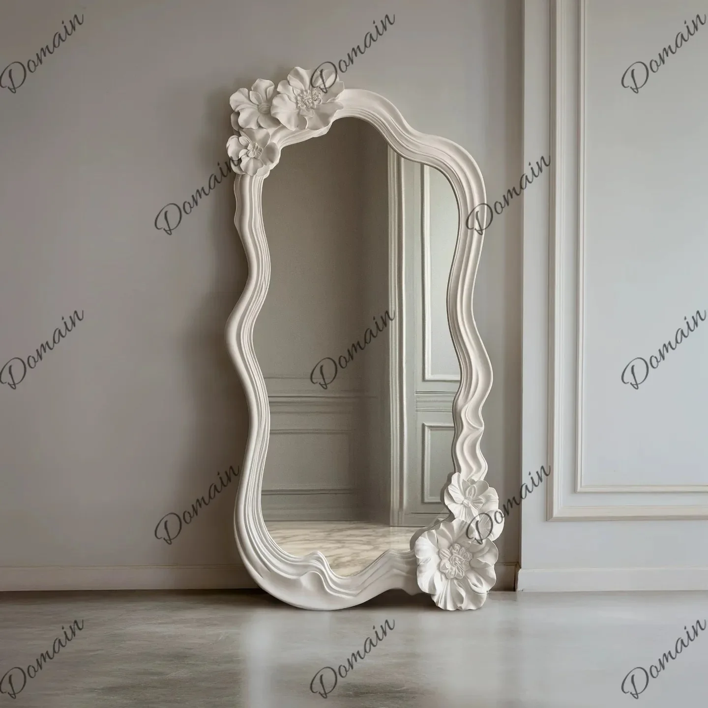 XX French Carved Full-length Mirror, Bedroom Coat Rack, Fitting Mirror, Wall Hanging On The Wall, White Flower Decorated Mirror