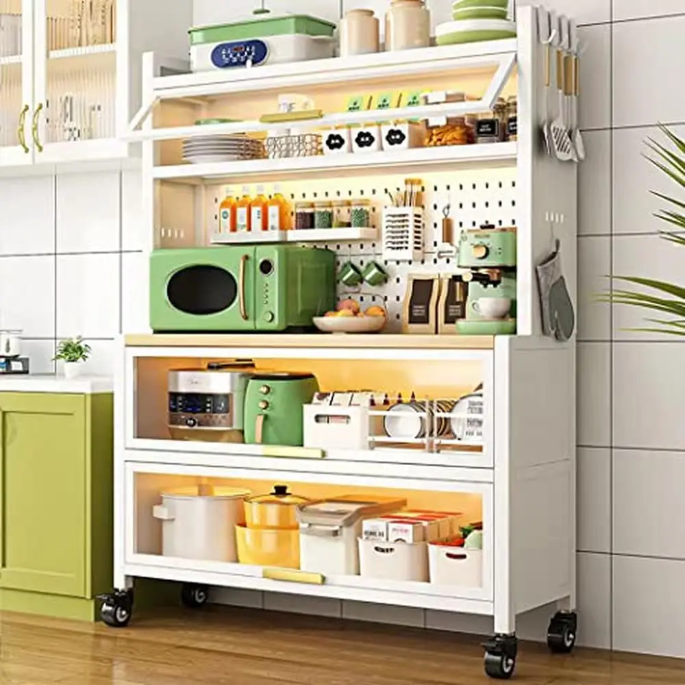 Kitchen Pantry Storage Cabinet Coffee Bar Stand Microwave Organizer Pegboard Shelves with Glass Door Legs Option Easy Assembly