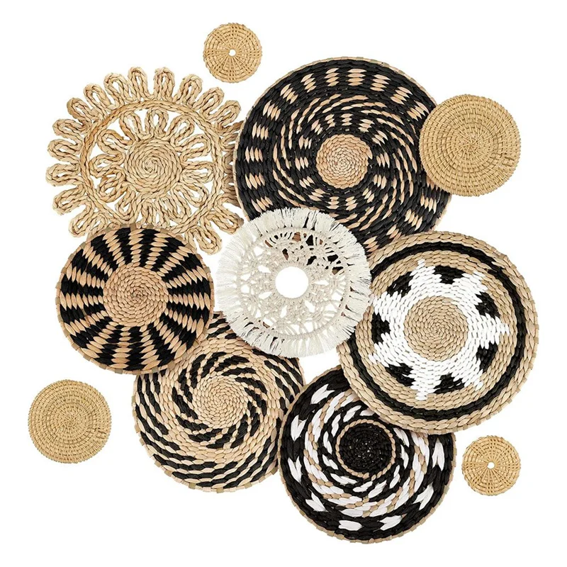 

【24 Hours Sale】11 Pcs Decorative Bulrush Woven Basket Wall Decor Art Boho Wall Basket Farmhouse Hanging Baskets Round