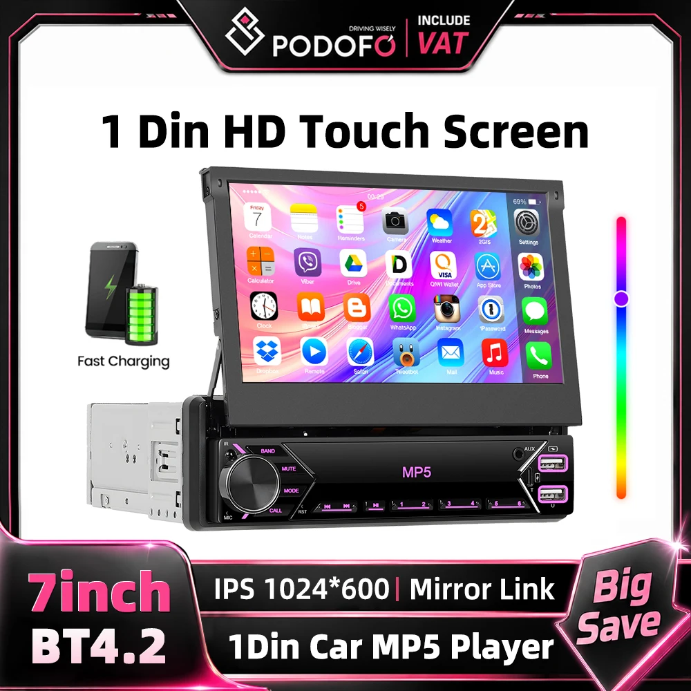 Podofo 1DIN 7 Zoll HD manuell einziehbarer Bildschirm Autoradio MP5-Player mit integriertem FM-Radioempfänger, multifunktionales Multimedia-Autoradio für Auto-Entertainmentsysteme