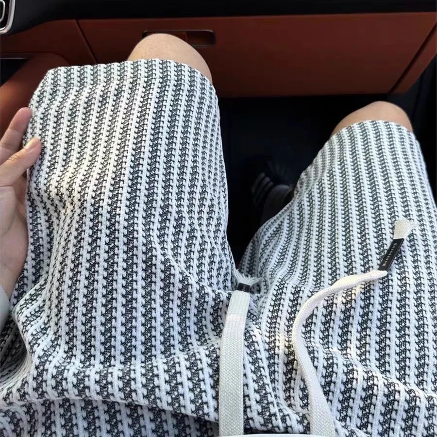 

American Retro Knitted Stripe Men's Shorts Casual Loose Five-Quarter Length Sporty Trendy Mid-Waist Polyester Fiber Shorts