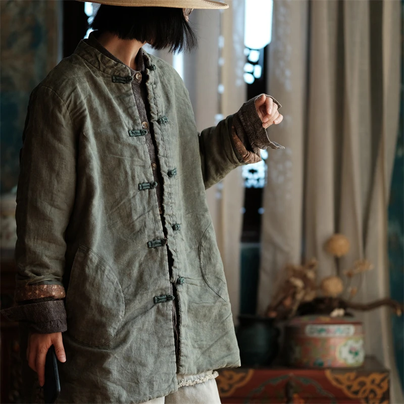 

Женские стеганые пальто из хлопка и льна в китайском стиле, новинка 2025, осенние винтажные однотонные женские толстые теплые куртки с воротником-стойкой M2058