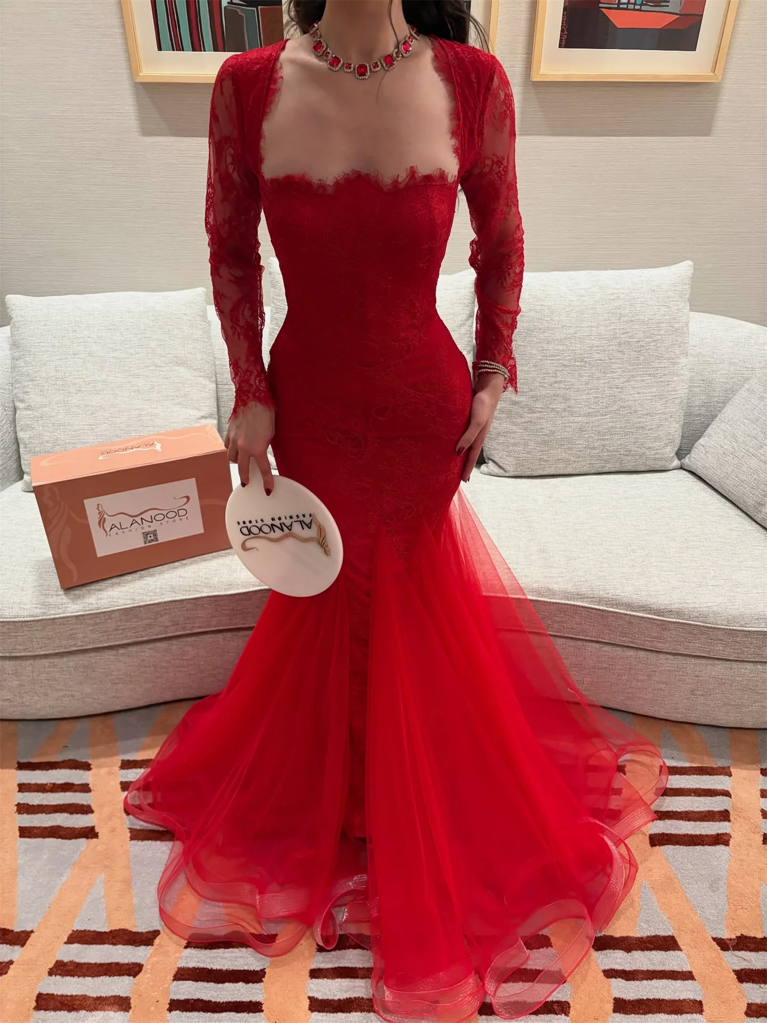 فستان لوريتا للحفلات الراقصة من الدانتيل باللون الأحمر للنساء فستان سهرة من فساتين الحفلات الأنيقة من Soirée 2025 مخصص حورية البحر للسيدات #4