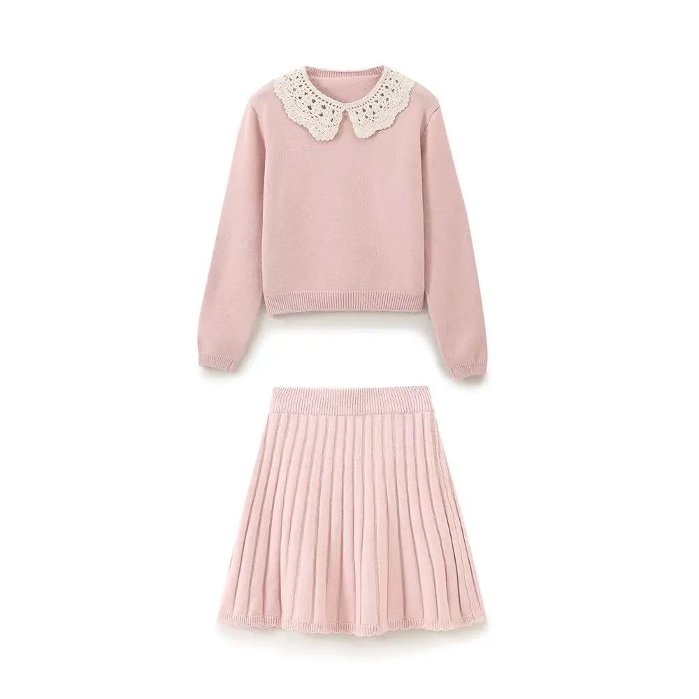 PB & ZA-Women's Contrast Crochet Collar Sweater and Skirt Suit, Retro, Casual Chic Female Set, New Fashion, Autumn, 2024, 2 Pcs image 2