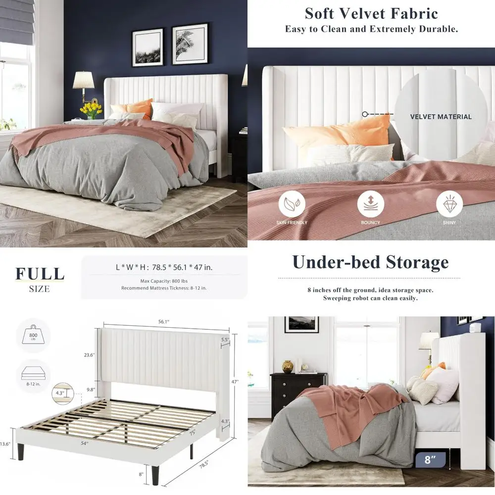 

Полноразмерная кровать-платформа с бархатной спинкой и мягкой обивкой и деревянными рейками — коробчатая пружина не требуется