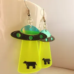 UFO Alien Space Acrylic Embossed Women's Hook Earrings Mars Lunar Explorer Charm Eardrop Spacecraft Kidnappes Cattle