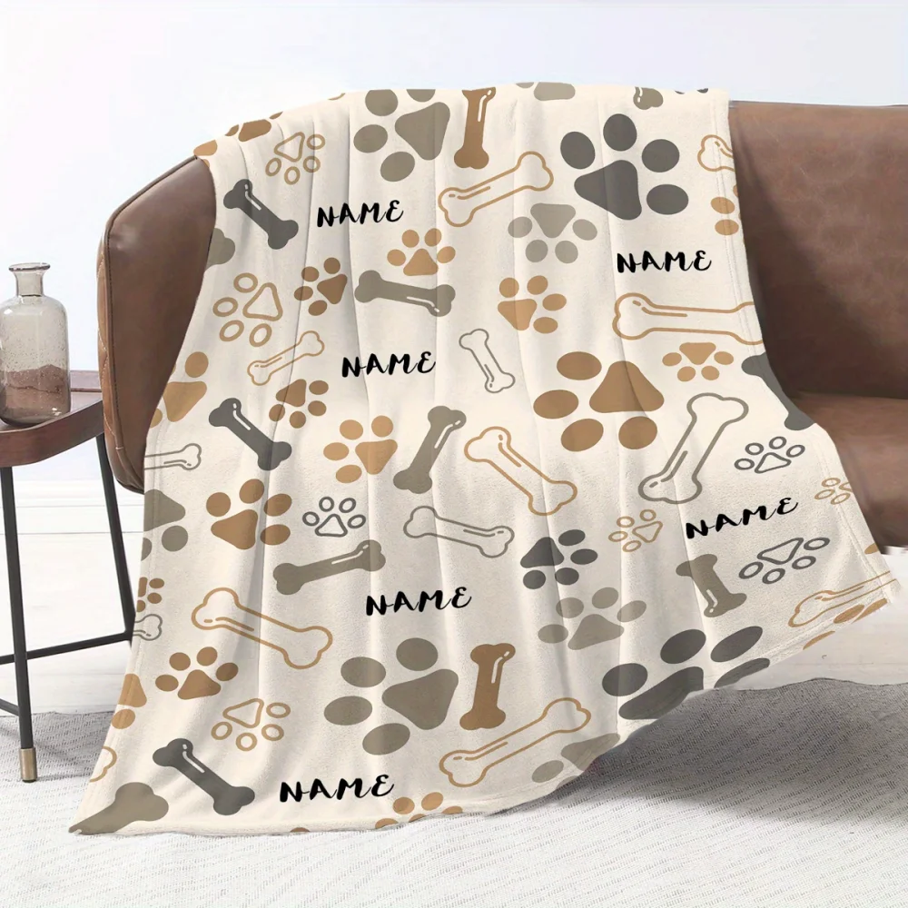 1Pc Cute Dog Bone Paw Print Pattern Blanket, Customizable Name or Text, Soft and Warm, Suitable for Office, Home, Holiday Gifts 4