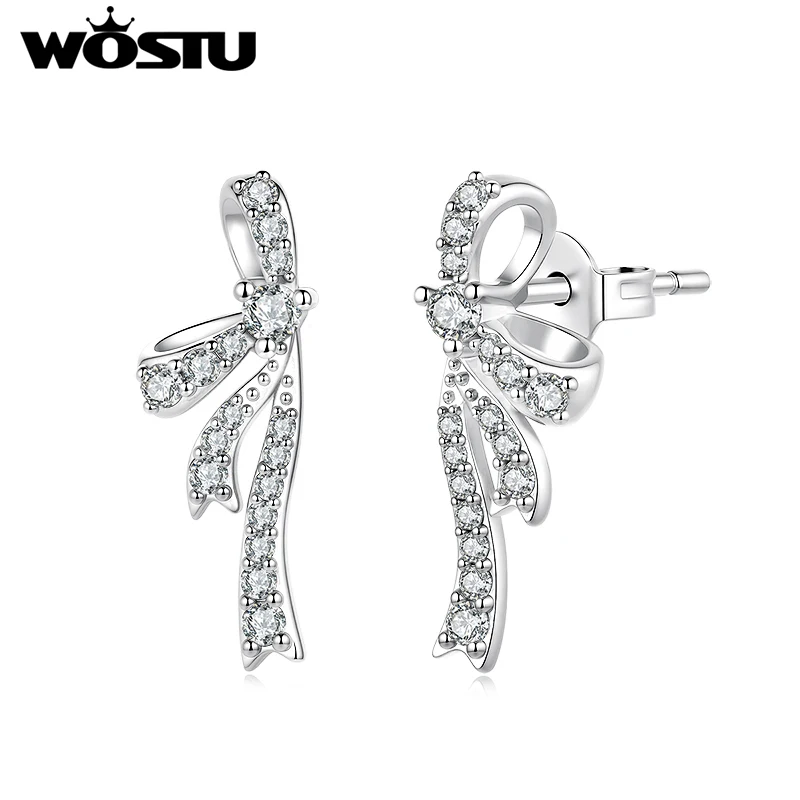 WOSTU Cubic Zirconia Long Bow Stud Earrings For Women,  925 Sterling Silver Post Ribbon Ear Studs Dainty Elegant Jewelry Gif