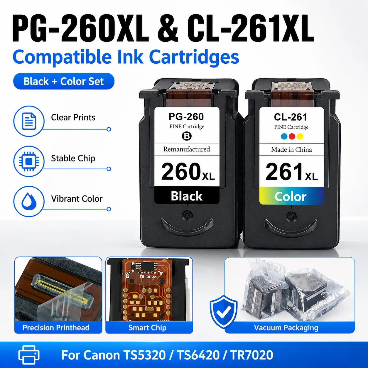 PG-260XL CL-261XL Compatible Ink Cartridge Set for Canon TS5320 TS6420 TR7020 Printer Black Color 2-Pack