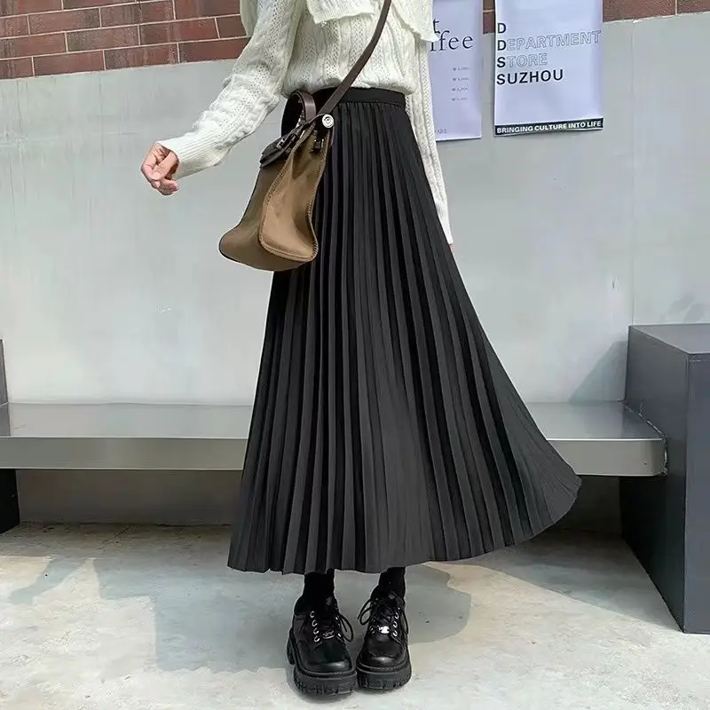 Black Pleated Skirt Ladies Fashion High Waist A-line Skirt Women Clothing Simplicity Pleated Solid Color Elastic Waist Skirts