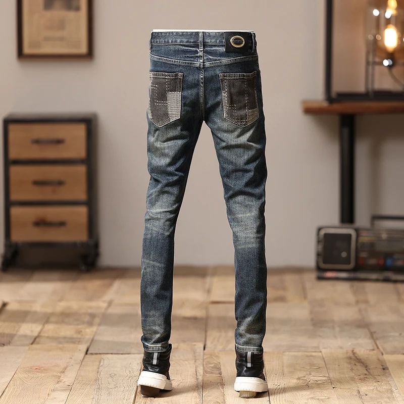 Stitching Design Jeans Men's Personalized Straight Stretch American Style Trend Irregular Ripped Patch Tight Motorcycle Trousers