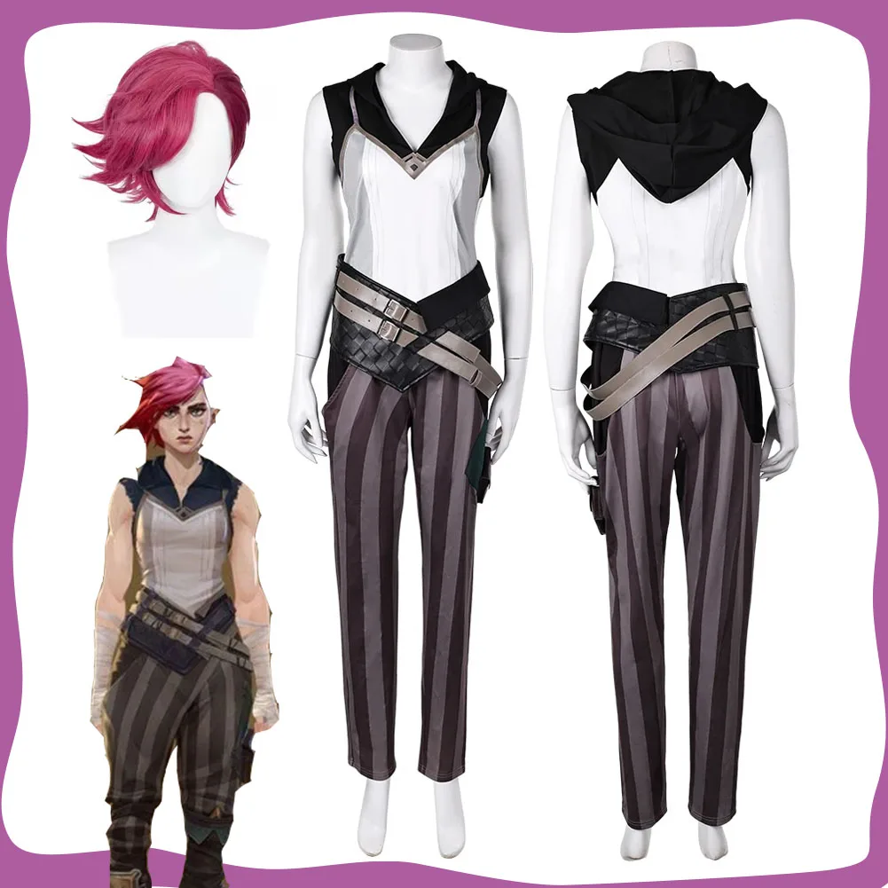 

Arcane Vi Cosplay Women Fantasy Jakcet Pants Belt Game LoL Costume Disguise Outfits for Adult Female Halloween Carnival Suit