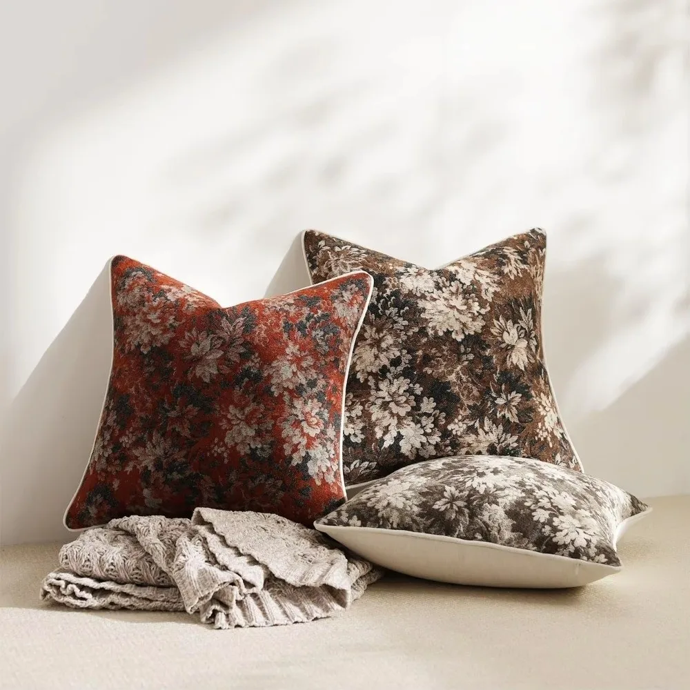 Jacquard Weave Floral Throw Pillowcase Chenille Fabric Yarn-Dyed Accent Couch Pillow 18x18 Inch Neutral Color