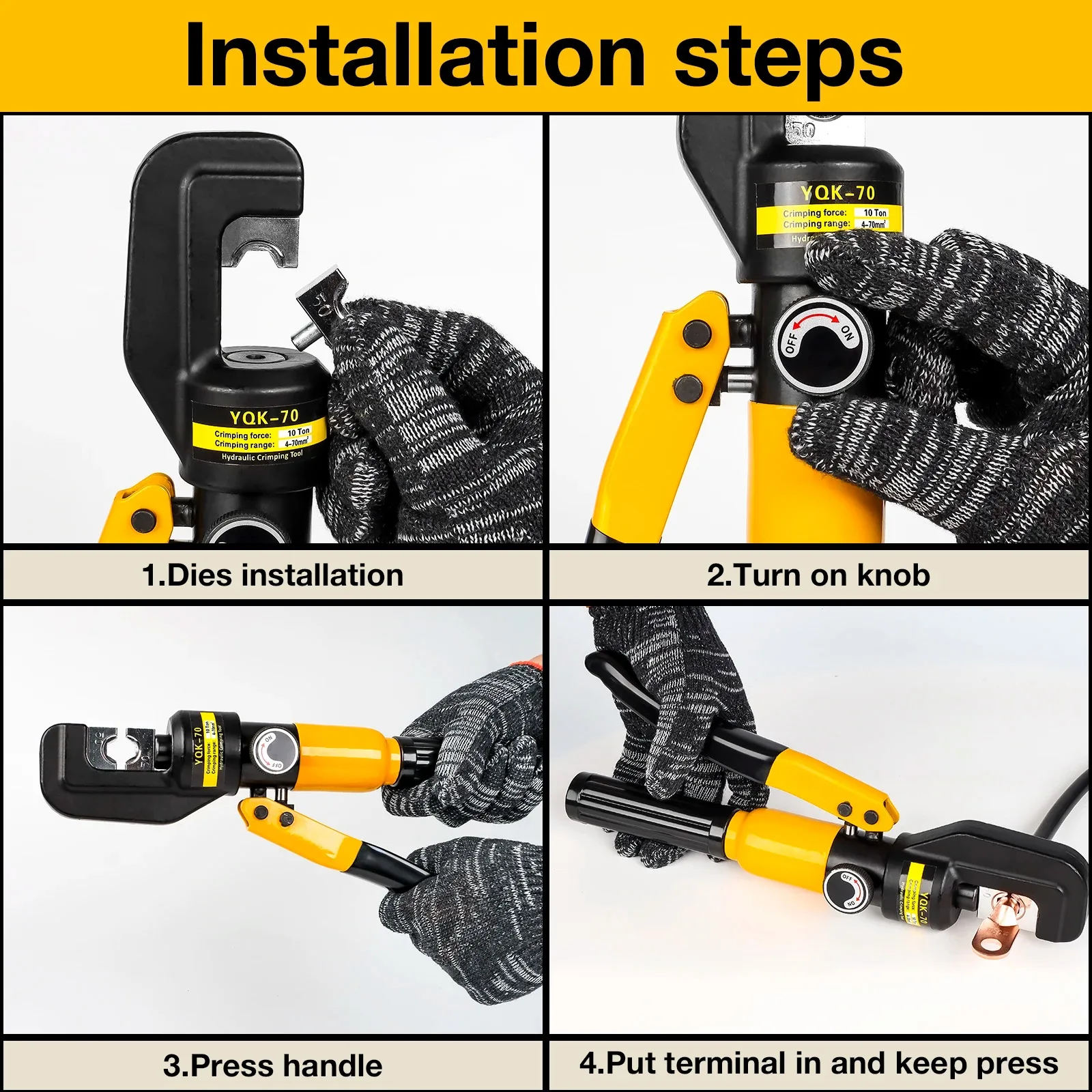10T Hydraulic Cable Lug Crimper Kit - ขั้วต่อไฟฟ้าเครื่องมือลวดพร้อม 4-70mm2 Dies & Scissor