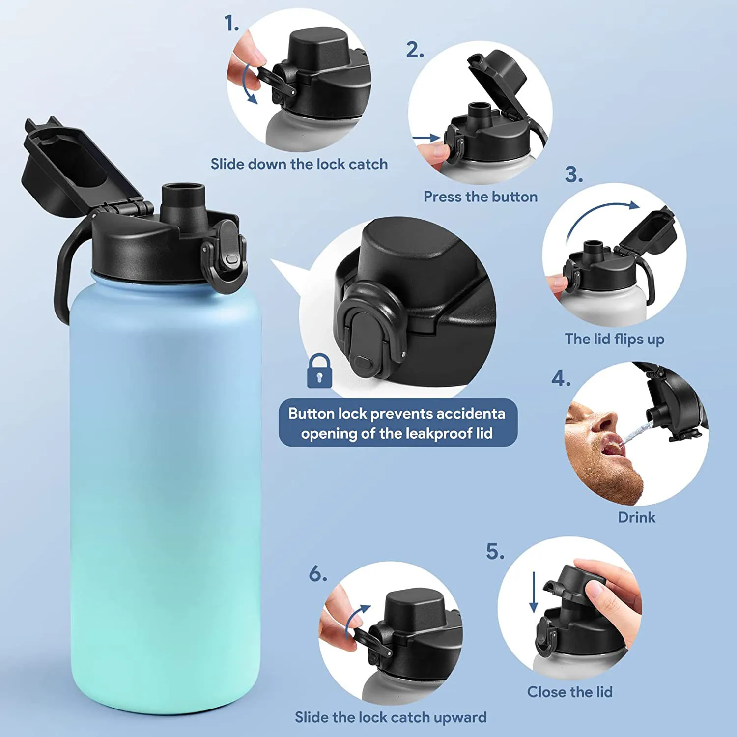 A44I-2 Piece Auto Spout Lid Replacement Wide Mouth Lid With Button Lock For Hydro Flask Wide Mouth 12, 16, 18, 20, 32, 40, 64Oz,