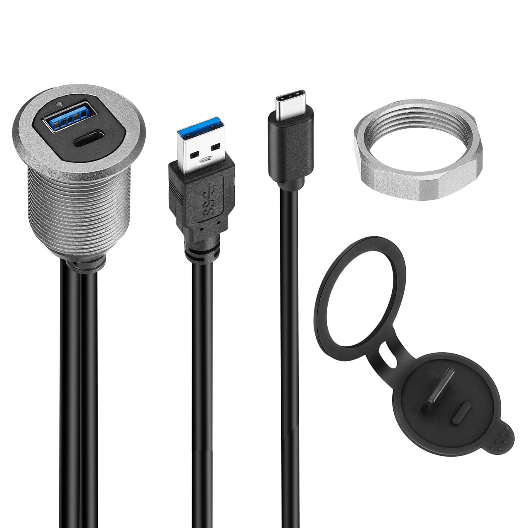 Bochara USB3.0 Male to Female+Type C 3.1 3.0 Male to Female Extension Cable Aluminum Alloy Flush Mount Panel  With Indicator