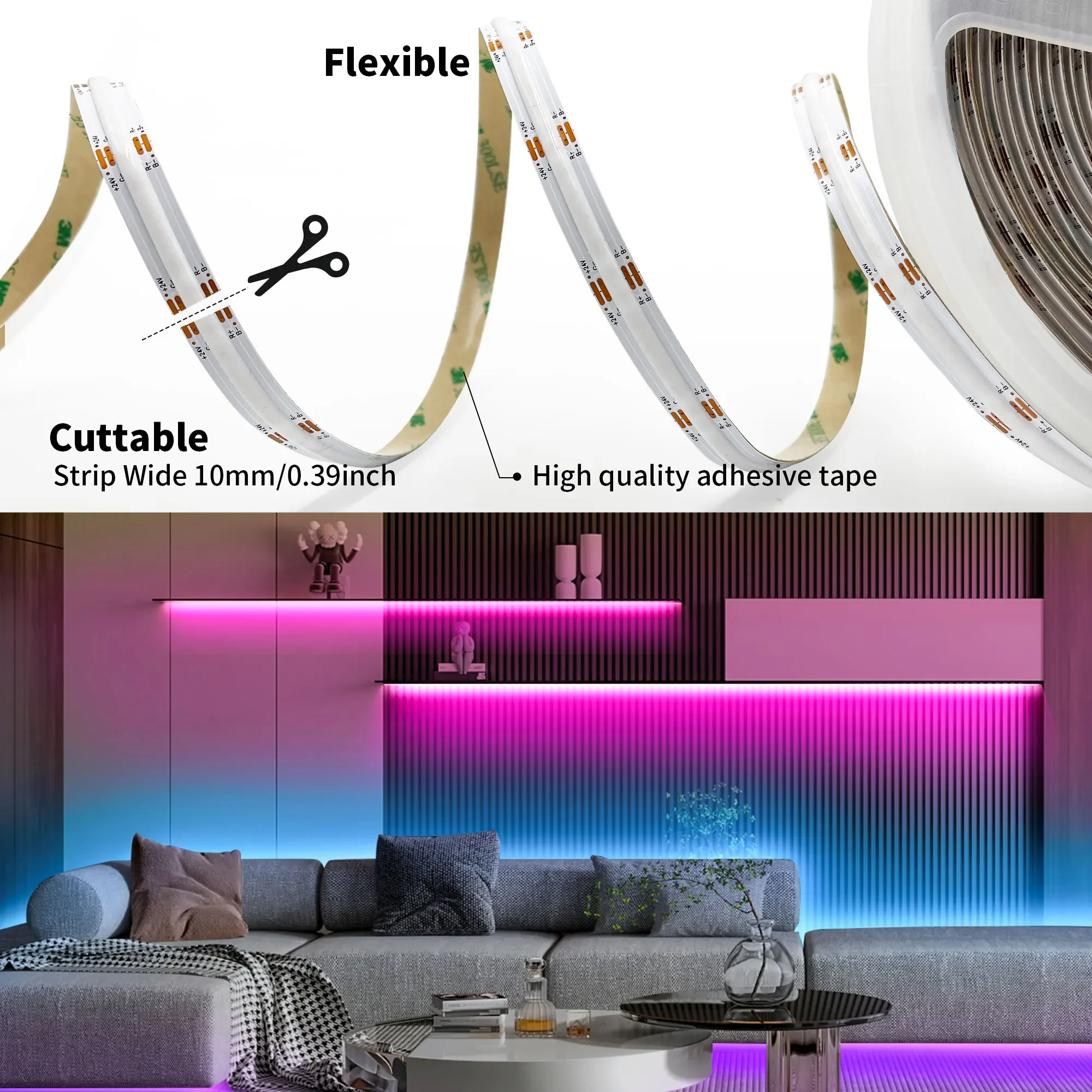 Imagem -04 - Smart Rgb Cob Led Strip Lights Bluetooth App Fcob Soft Bending Light Decoração do Quarto Fita de Diodo Iluminação Atmosfera dc 24v