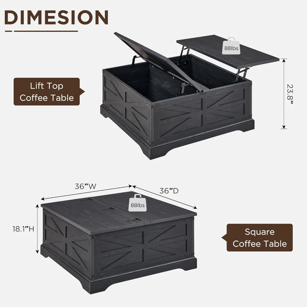 Farmhouse Lift Top Coffee Table with Storage, 36" Wood Square Center Table with Large Hidden Compartment, Rustic Lift Tabletop
