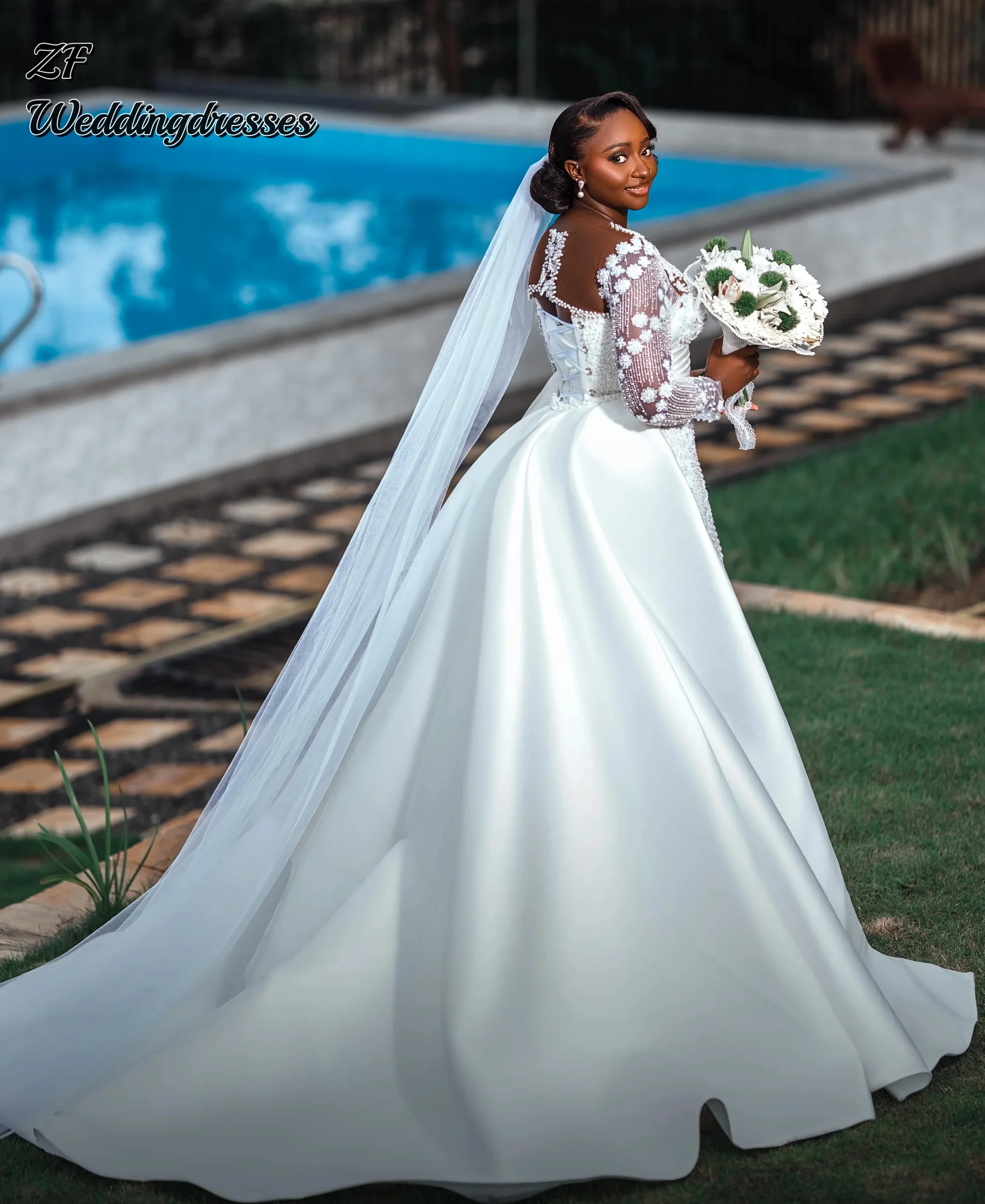 Customized Sparkly Pearls Beads Mermaid Wedding Dress Removable Skirt Robe Long Sleeve Bridal Gown Vestidos De Noiva